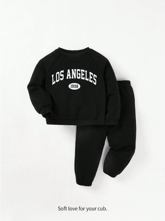 Cozy Cub Casual 2pcs Baby Girls' Letter Printed Sweatshirt And Sweatpants Set