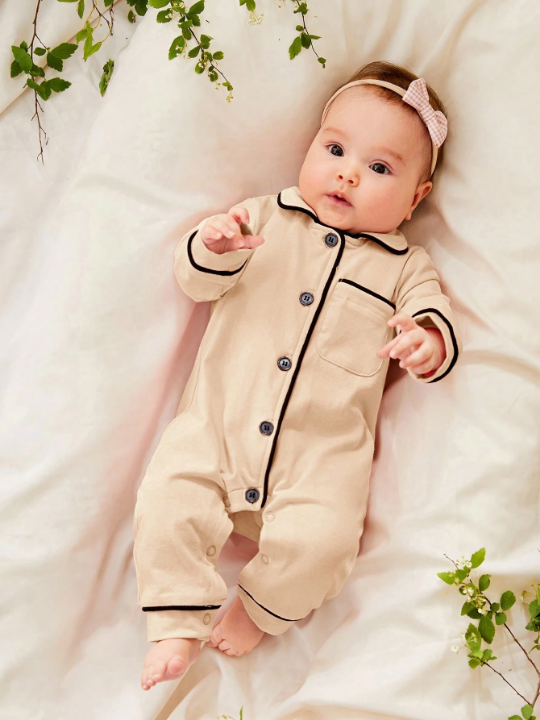 Cozy Cub Newborn Baby Girl Contrast Binding Button Front Lounge Jumpsuit