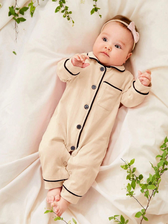 Cozy Cub Newborn Baby Girl Contrast Binding Button Front Lounge Jumpsuit