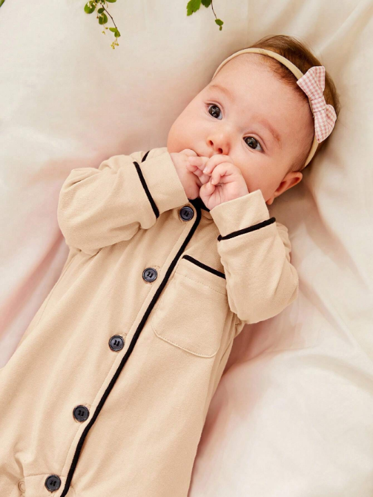 Cozy Cub Newborn Baby Girl Contrast Binding Button Front Lounge Jumpsuit