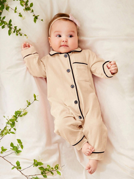 Cozy Cub Newborn Baby Girl Contrast Binding Button Front Lounge Jumpsuit