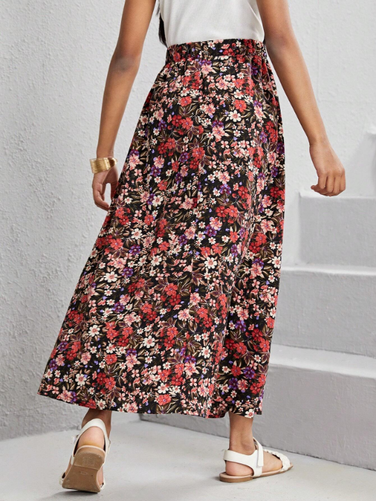 Tween Girls' Woven Elastic Waist A-Line Floral Skirt For Holiday And Casual Wear