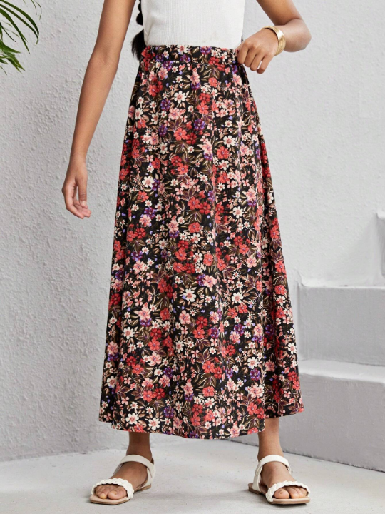 Tween Girls' Woven Elastic Waist A-Line Floral Skirt For Holiday And Casual Wear