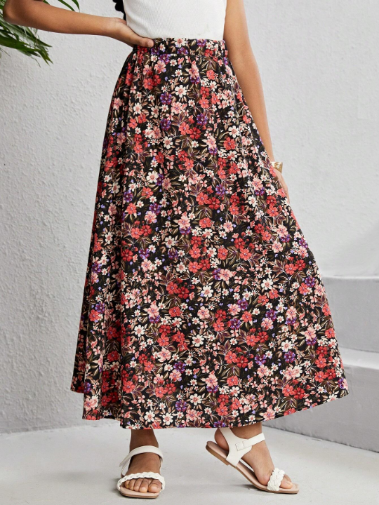 Tween Girls' Woven Elastic Waist A-Line Floral Skirt For Holiday And Casual Wear