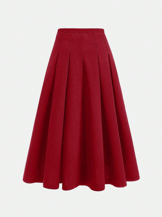 Tween Girl Retro Pleated A-Line Midi Skirt With Elastic Waistband