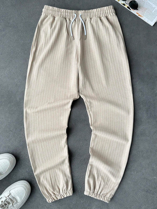 Manfinity Homme Men's Casual Striped Elastic Waist & Cuffed Drawstring Pants