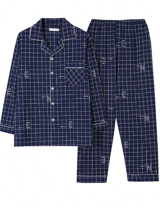 Men's Loose Fit Pyjamas 2pcs/Set - Pure Plaid And Print Colorblock Shirt And Pants With Hem Details, For Autumn / Winter 2024