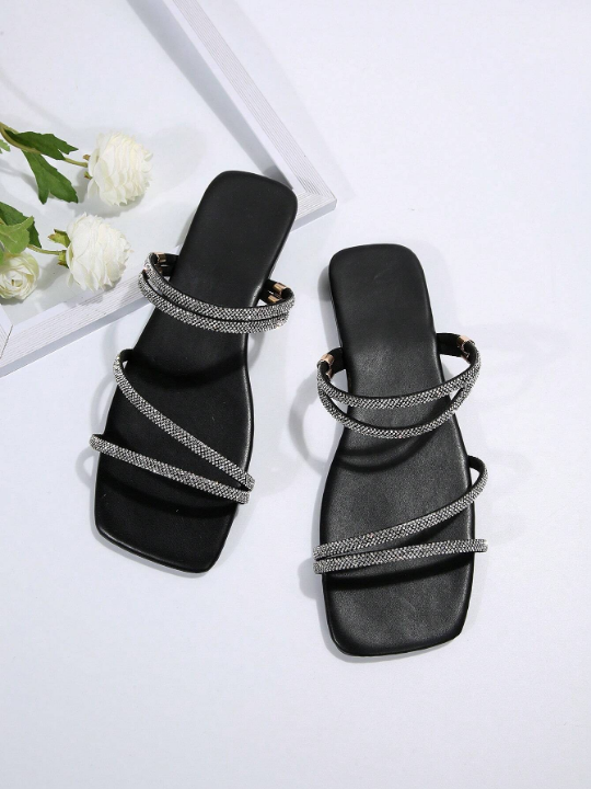 Black Summer/Autumn Rhinestone Decor Multi-Strap Slippers For Women, Trendy And Versatile, Flat Heel Cool Slides With High-End Look