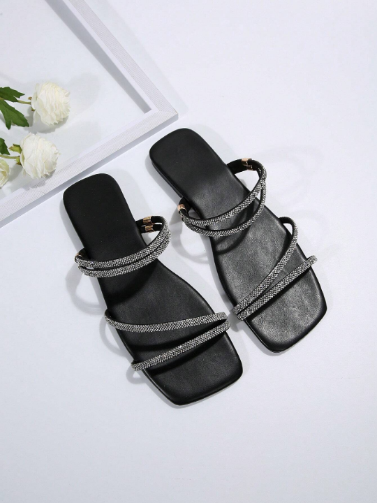 Black Summer/Autumn Rhinestone Decor Multi-Strap Slippers For Women, Trendy And Versatile, Flat Heel Cool Slides With High-End Look