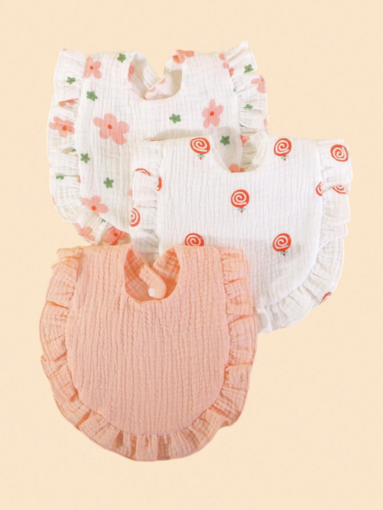 3pcs Lotus Leaf Edge Printed Gauze Baby Bibs