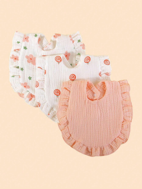 3pcs Lotus Leaf Edge Printed Gauze Baby Bibs