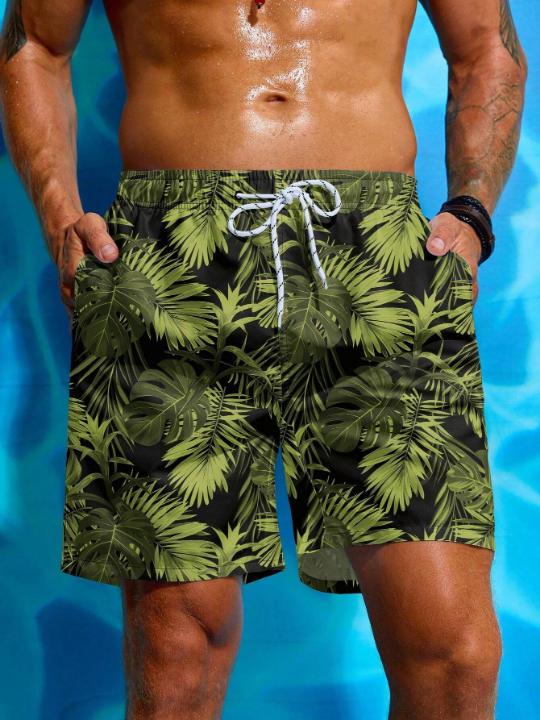 Manfinity Swimmode Men's Tropical Print Drawstring Waist Beach Shorts Summer Swimming,Surfing,Beach