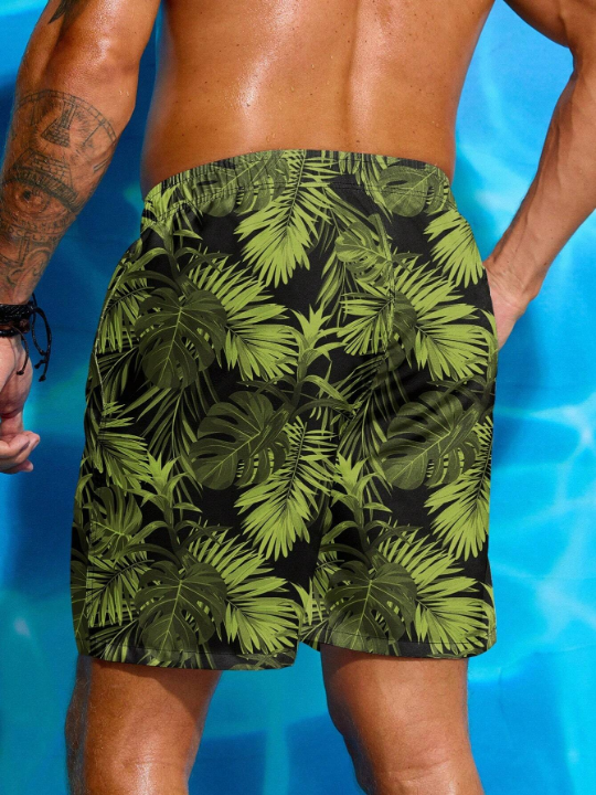 Manfinity Swimmode Men's Tropical Print Drawstring Waist Beach Shorts Summer Swimming,Surfing,Beach