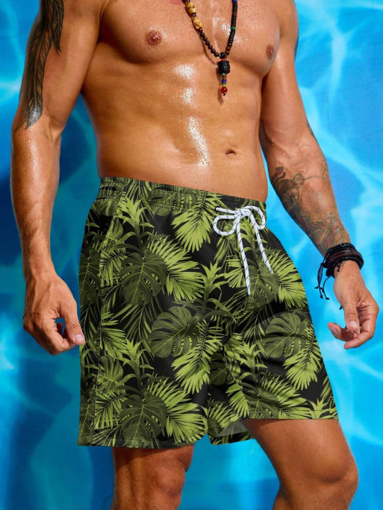 Manfinity Swimmode Men's Tropical Print Drawstring Waist Beach Shorts Summer Swimming,Surfing,Beach