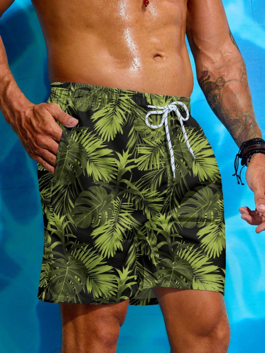 Manfinity Swimmode Men's Tropical Print Drawstring Waist Beach Shorts Summer Swimming,Surfing,Beach