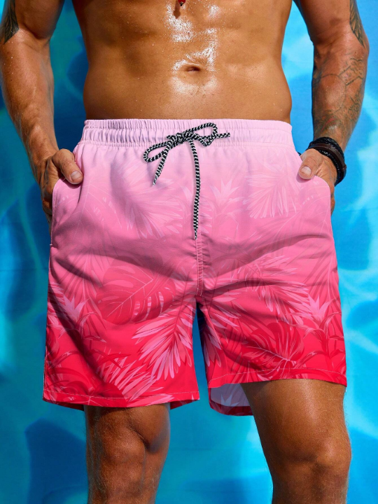 Manfinity Swimmode Men's Shorts With Tropical Plant Print For Beachwear