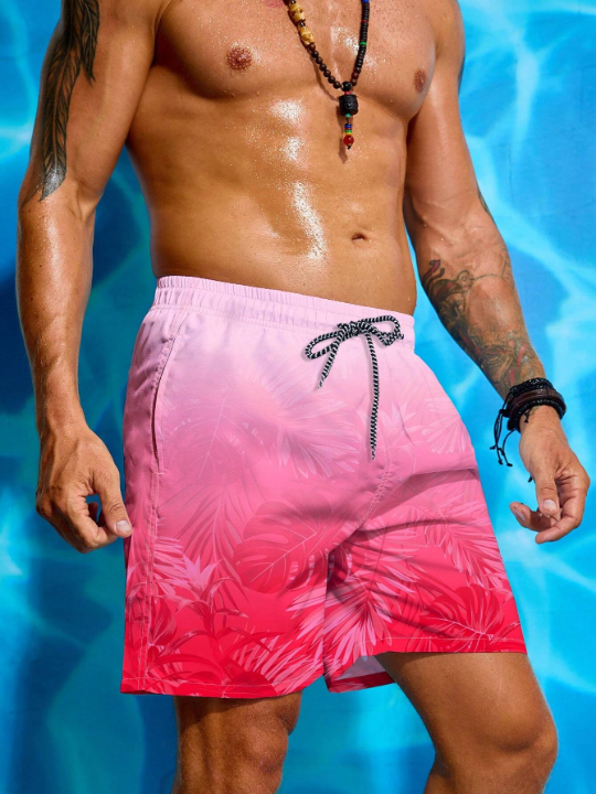 Manfinity Swimmode Men's Shorts With Tropical Plant Print For Beachwear