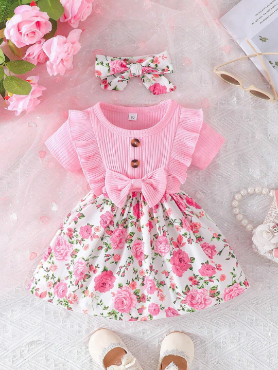 Baby Girl Short Sleeve Floral Printed Casual Dress With Bowknot Decoration And Matching Headband For Summer