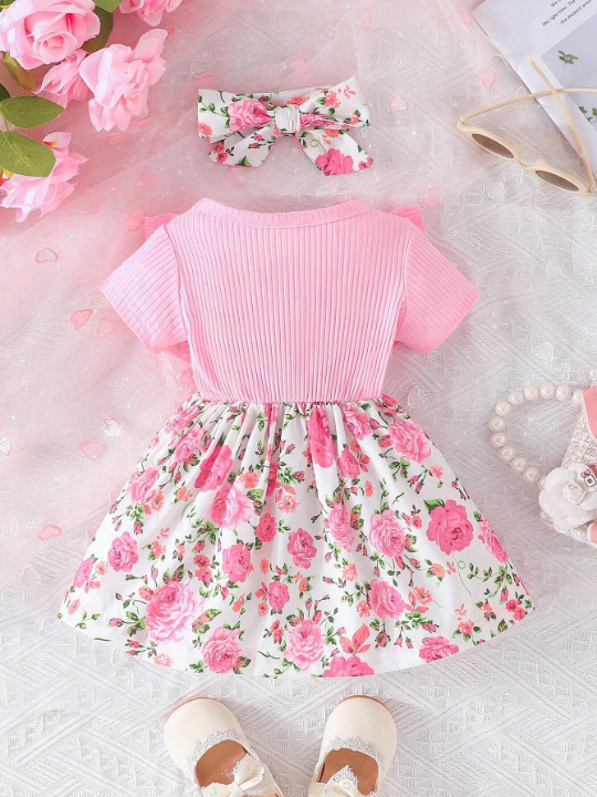 Baby Girl Short Sleeve Floral Printed Casual Dress With Bowknot Decoration And Matching Headband For Summer