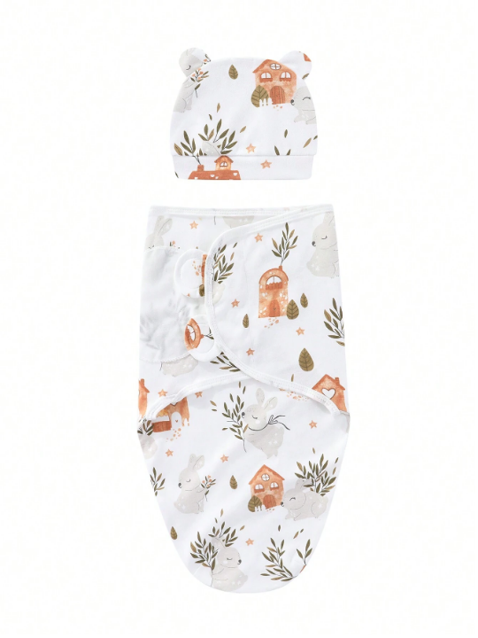 2pcs/Set Unisex Baby Printed Spring/Summer Hat And Swaddle Blanket