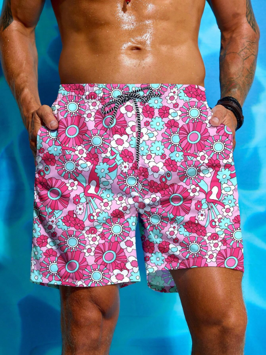 Manfinity Swimmode Men's Floral Printed Drawstring Waist Beach Shorts