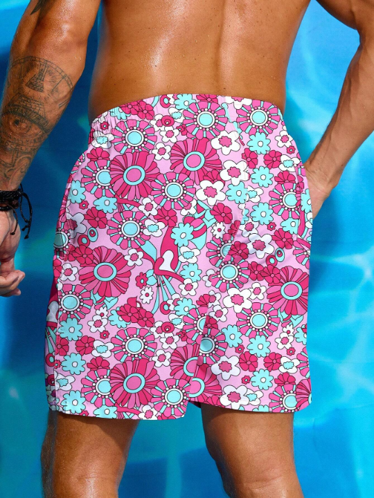 Manfinity Swimmode Men's Floral Printed Drawstring Waist Beach Shorts