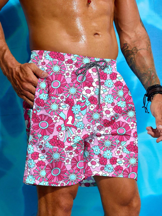 Manfinity Swimmode Men's Floral Printed Drawstring Waist Beach Shorts