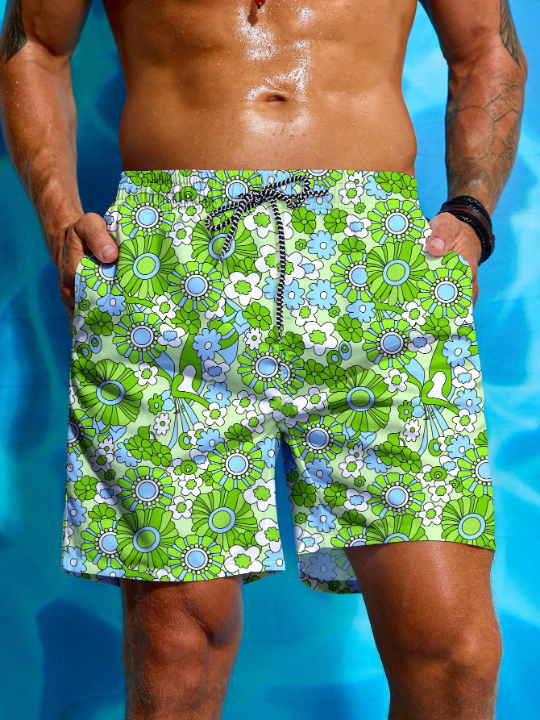 Manfinity Swimmode Men's Floral Print Beach Shorts, Summer Vacation