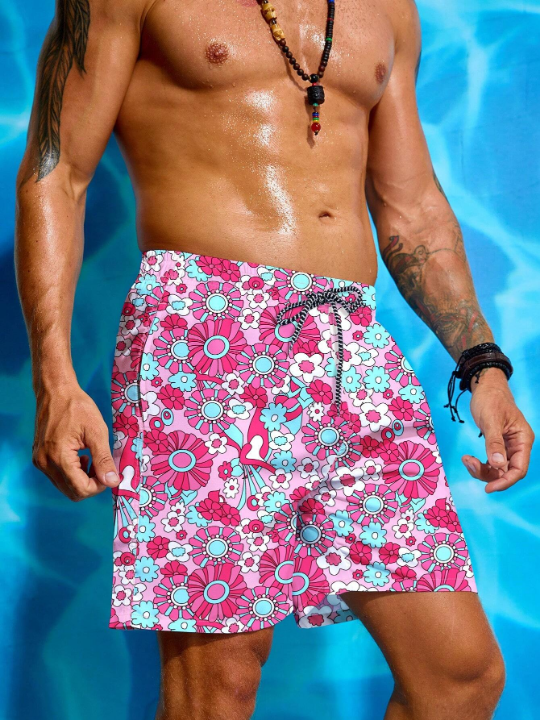 Manfinity Swimmode Men's Floral Printed Drawstring Waist Beach Shorts