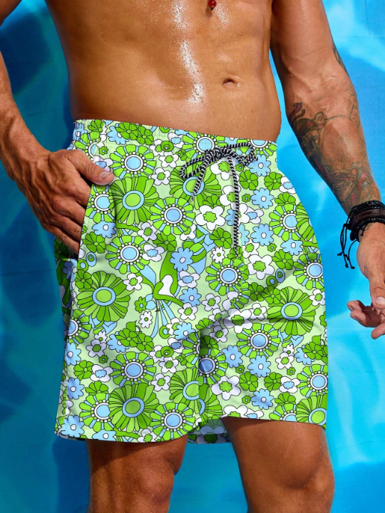 Manfinity Swimmode Men's Floral Print Beach Shorts, Summer Vacation