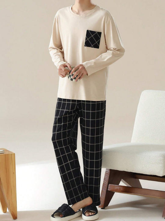 Men's Valentine's/New Year Gift Casual Loose Fit Round Neck Patchwork Plaid Long Sleeve Top And Bottom Pajama Set