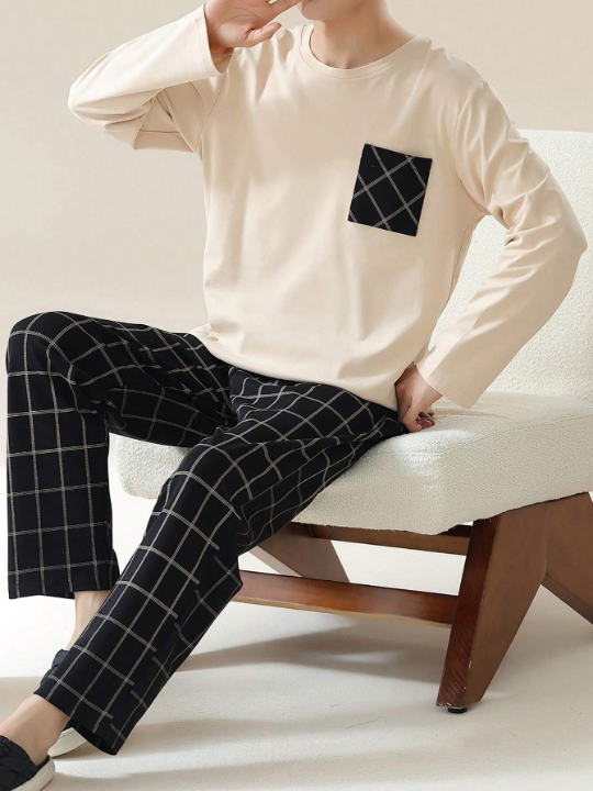 Men's Valentine's/New Year Gift Casual Loose Fit Round Neck Patchwork Plaid Long Sleeve Top And Bottom Pajama Set