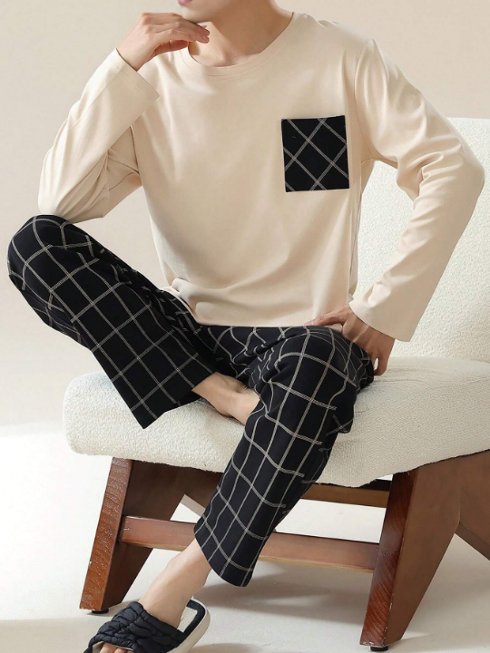 Men's Valentine's/New Year Gift Casual Loose Fit Round Neck Patchwork Plaid Long Sleeve Top And Bottom Pajama Set