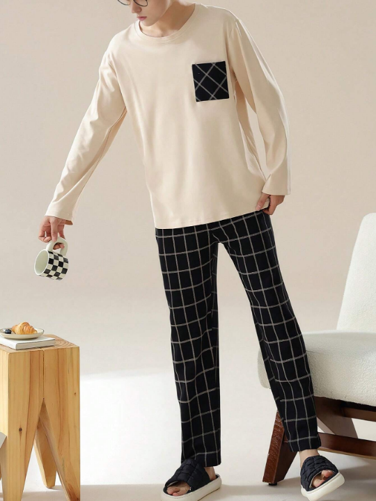 Men's Valentine's/New Year Gift Casual Loose Fit Round Neck Patchwork Plaid Long Sleeve Top And Bottom Pajama Set