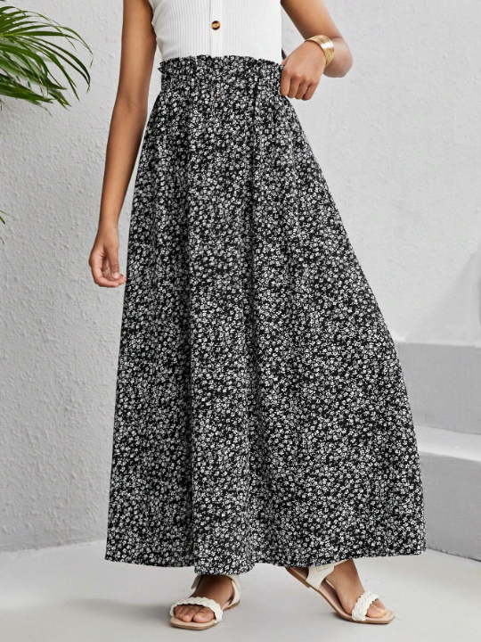 Tween Girls' Casual Vacation Style Loose Woven Floral Print Midi Skirt