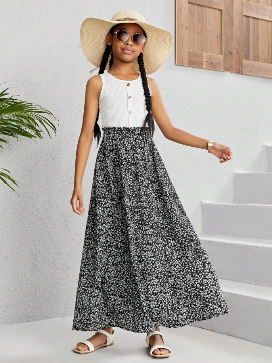 Tween Girls' Casual Vacation Style Loose Woven Floral Print Midi Skirt