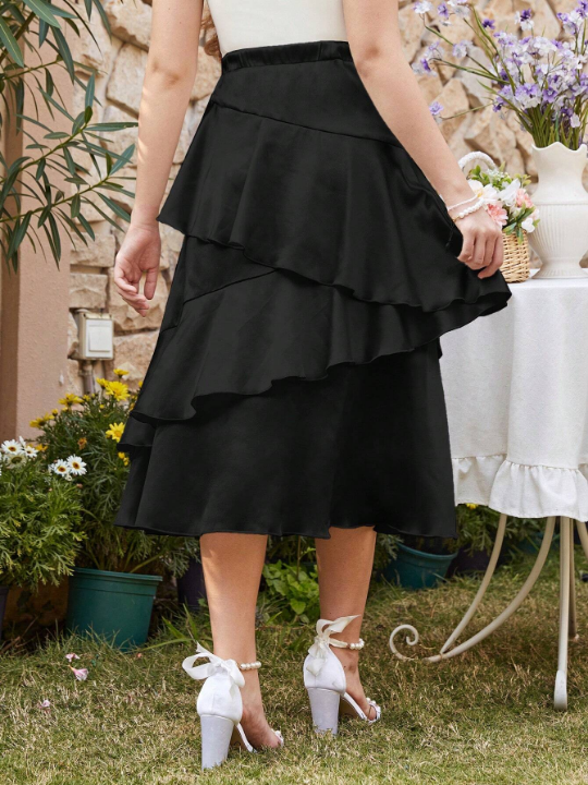 Teenage Girls' Woven Satin Multi-Layered Ruffle Hem Mid-Length Casual Skirt