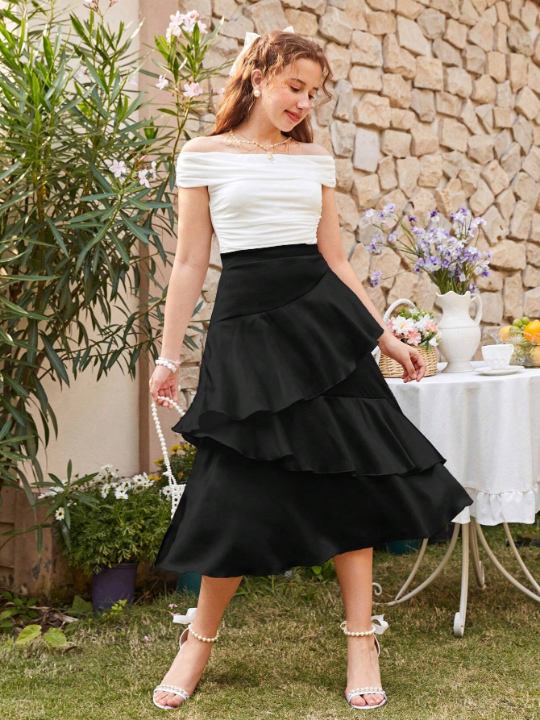 Teenage Girls' Woven Satin Multi-Layered Ruffle Hem Mid-Length Casual Skirt