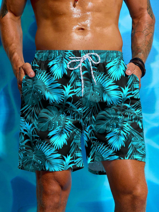 Manfinity Swimmode Men's Leaf Printed Drawstring Waist Beach Shorts