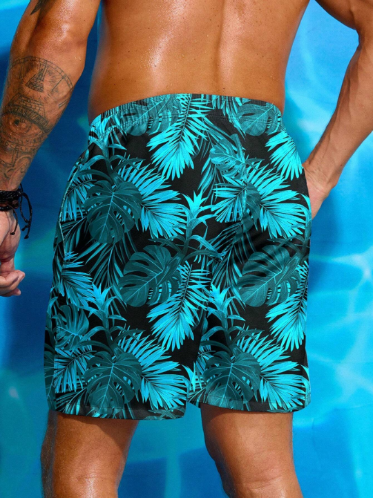 Manfinity Swimmode Men's Leaf Printed Drawstring Waist Beach Shorts