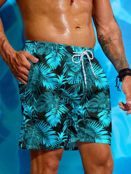 Manfinity Swimmode Men's Leaf Printed Drawstring Waist Beach Shorts