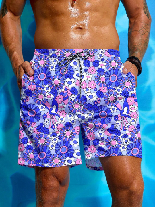 Manfinity Swimmode Men's Flower Printed Drawstring Waist Beach Shorts Summer Swimming,Surfing,Beach