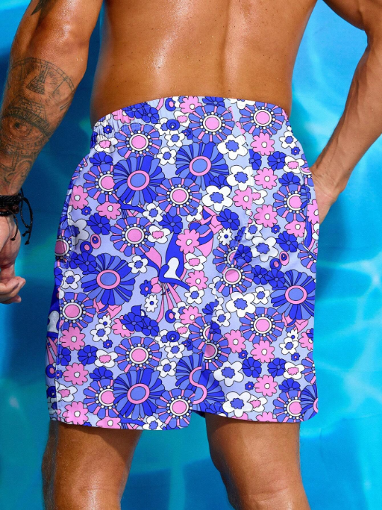 Manfinity Swimmode Men's Flower Printed Drawstring Waist Beach Shorts Summer Swimming,Surfing,Beach