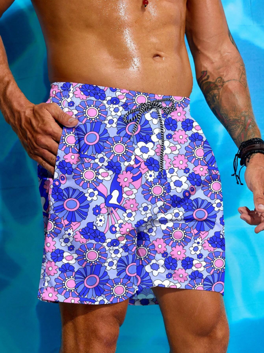 Manfinity Swimmode Men's Flower Printed Drawstring Waist Beach Shorts Summer Swimming,Surfing,Beach