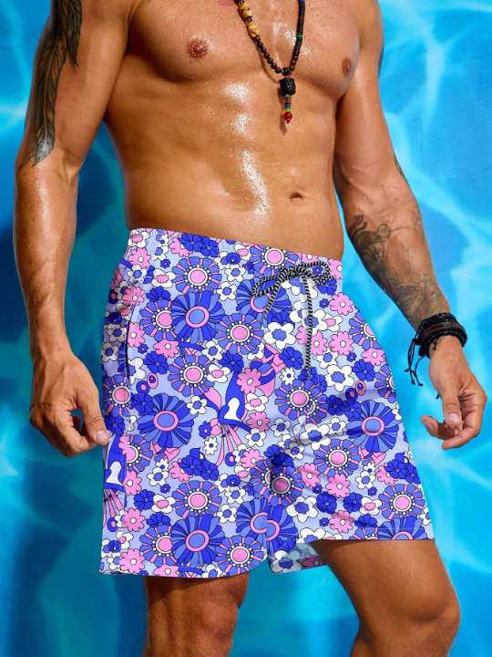 Manfinity Swimmode Men's Flower Printed Drawstring Waist Beach Shorts Summer Swimming,Surfing,Beach