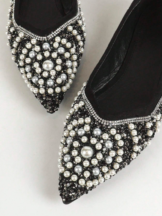 Women Flat Bottom Pointed Toe Casual Fashion High-End Soft Comfortable Gorgeous Rhinestone Pearl Shoes, Suitable For Parties And Banquets