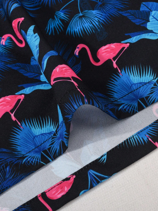 Men's Flamingo Printed Drawstring Waist Belt Pocket Swim Trunks
