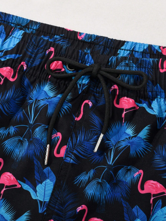 Men's Flamingo Printed Drawstring Waist Belt Pocket Swim Trunks