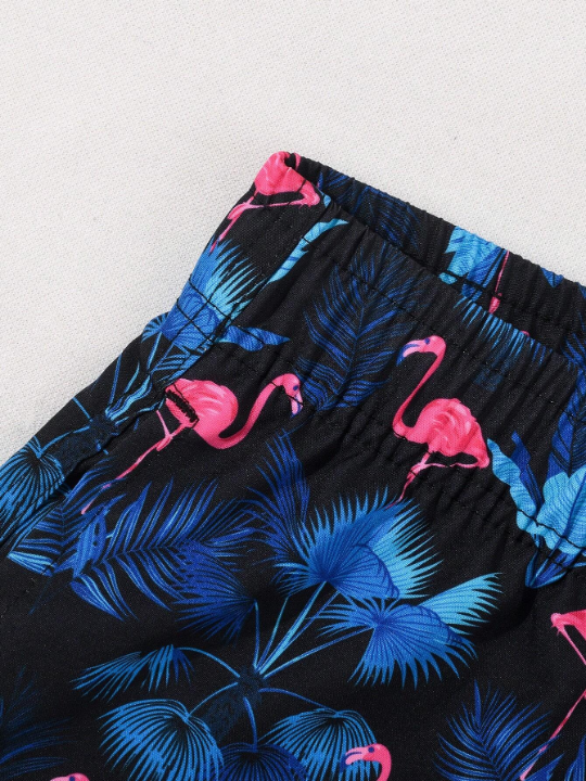 Men's Flamingo Printed Drawstring Waist Belt Pocket Swim Trunks