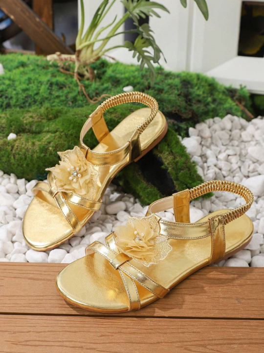 Gold Fashionable Women Floral T-Strap Flat Casual Sandals